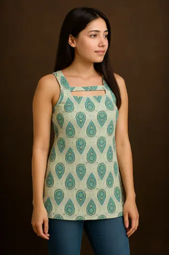 Teardrop Motif(sleeveless)- cotton block print short kurti